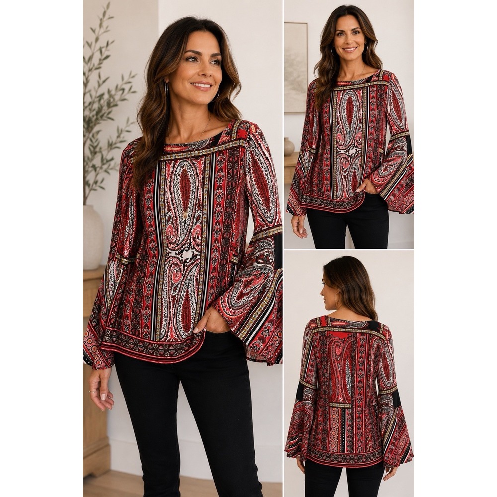 Chicos Paisley Bell Sleeve Boho Tunic Blouse Size 2 Office Career
